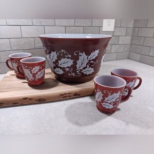 Vtg Hazel Atlas Eggnog Holly Berry Punch Bowl/Cups Cranberry Burgundy Red 1950s
